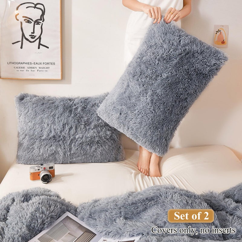 XeGe Faux Fur Throw Pillow Cases, Plush Shaggy Ultra Soft Pillow Covers, Fluffy Crystal Velvet Decorative Pillowcases, Furry Fuzzy Pillow Shams Zipper Closure, Set of 2 (Standard, Light Gray) - Image 2